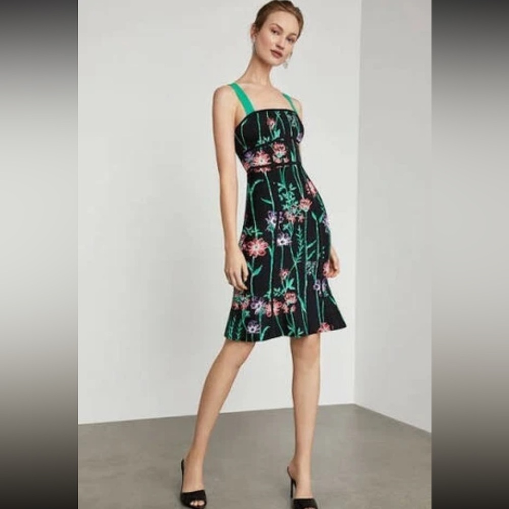 BCBGMaxAzria Black Floral Midi Dress with Green Straps